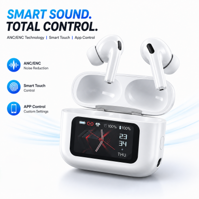 A9 Pro True Wireless Earbuds – Smart Touch Screen Display, ANC & ENC Noise Cancellation, Dedicated App Support & TWS Bluetooth Earphones